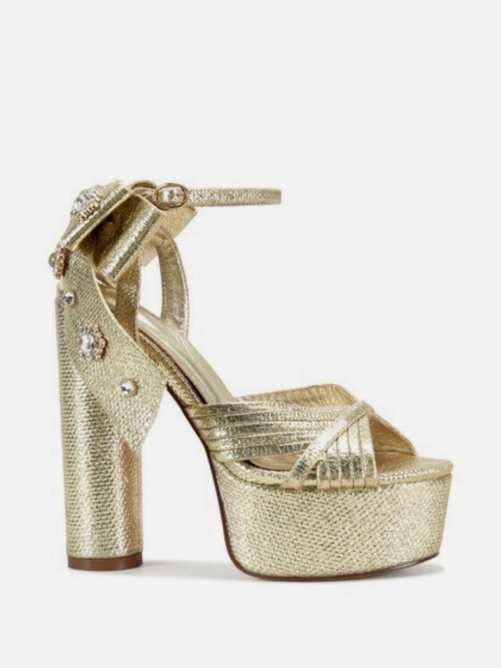 Metallic Gold Platform Heel Sandals with Crystal Bow Ankle Strap